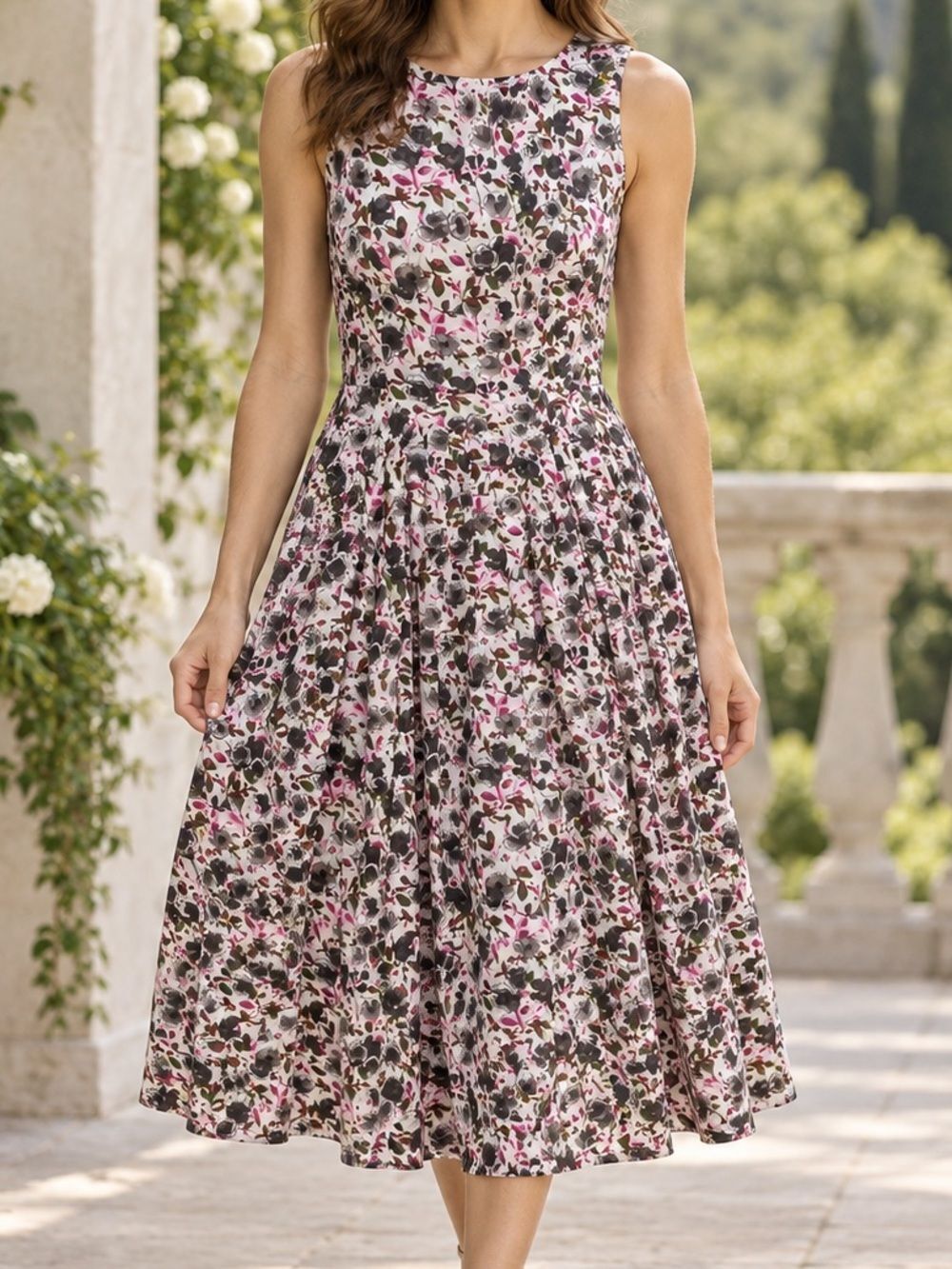 Samantha Sung Sleeveless Floral Cotton Midi Dress Sz. 6